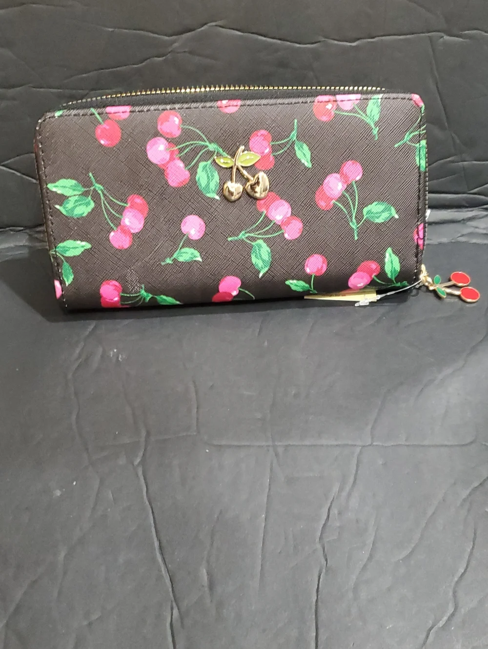 Black and pink cherry printed zip around long wallet with cherry charm brand new